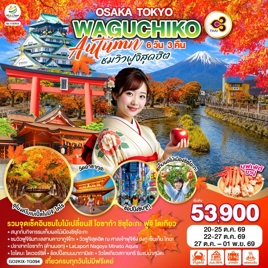 ทัวร์ญี่ปุ่น OSAKA TOKYO KAWAGUCHIKO AUTUMN ชมวิวฟูจิสุดฮิต 6วัน 3คืน (TG)